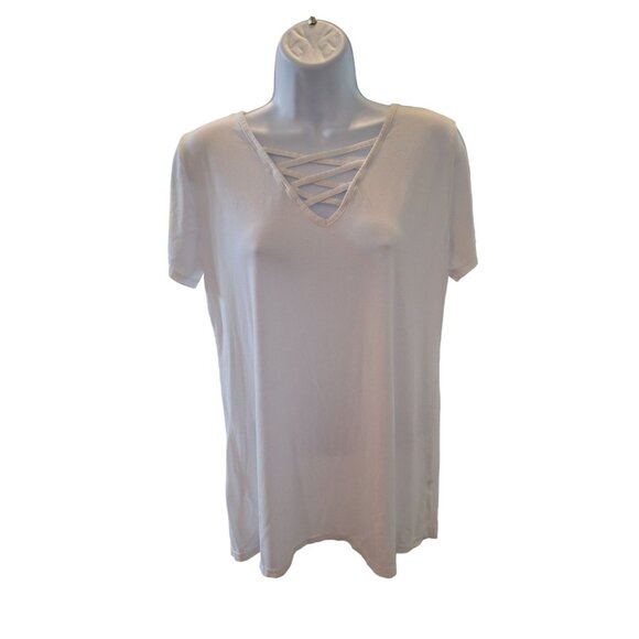 Ezbelle Womens Crisscross Top White Large Short Sleeve Lightweight Minimilist - Picture 1 of 6